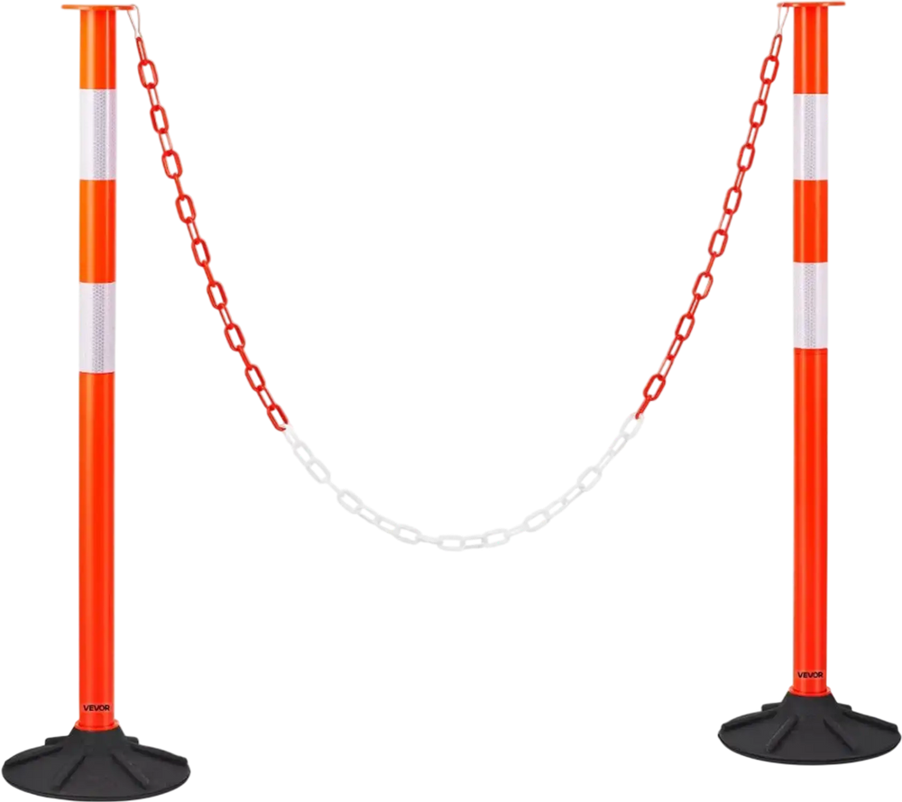 VEVOR 2 Pack Traffic Delineator Posts, 34 in Traffic Safety Cones with Weighted Base, Reflective Strips and Chain, Heavy Duty Delineator Posts for Construction Site, Parking Lot, Crowd Control, Red