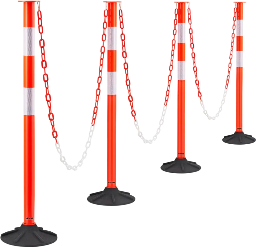 VEVOR 4 Pack Traffic Delineator Posts, 34 in Traffic Safety Cones with Weighted Base, Reflective Strips and Chain, Heavy Duty Delineator Posts for Construction Site, Parking Lot, Crowd Control, Red