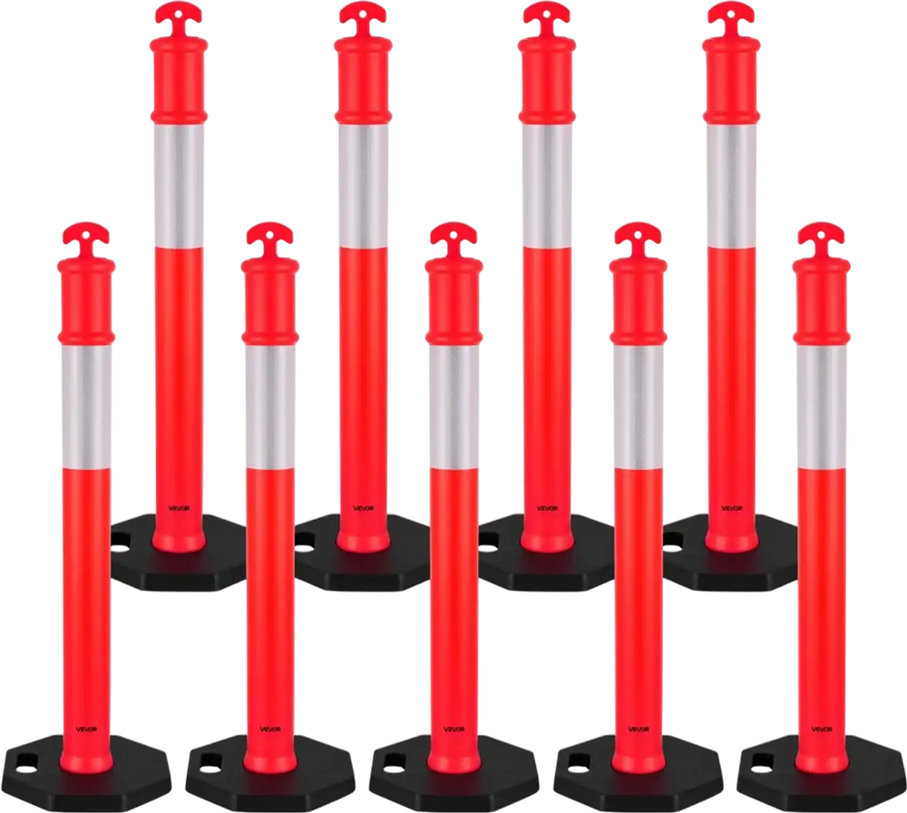 VEVOR 9 Pack Traffic Delineator Posts, 48 inches Traffic Safety Cones with Weighted Base and Reflective Strips, Heavy Duty Delineator Posts for Construction Site, Parking Lot, Crowd Control, Red