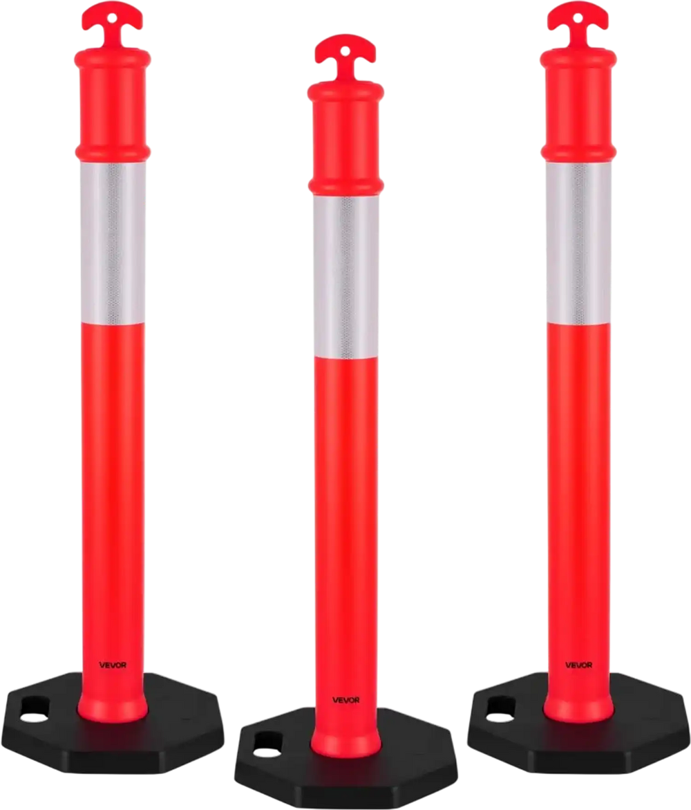 VEVOR 3 Pack Traffic Delineator Posts, 48 inches Traffic Safety Cones with Weighted Base and Reflective Strips, Heavy Duty Delineator Posts for Construction Site, Parking Lot, Crowd Control, Red