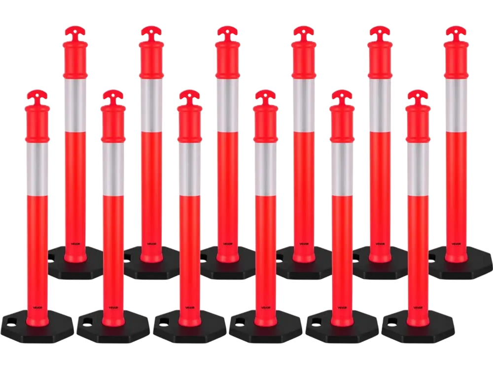 VEVOR 12 Pack Traffic Delineator Posts, 48 inches Traffic Safety Cones with Weighted Base and Reflective Strips, Heavy Duty Delineator Posts for Construction Site, Parking Lot, Crowd Control, Red