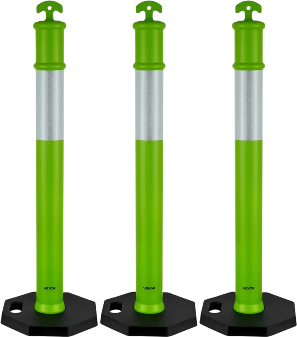 VEVOR 3 Pack Traffic Delineator Posts, 48 inches Traffic Safety Cones with Weighted Base and Reflective Strips, Heavy Duty Delineator Posts for Construction Site, Parking Lot, Crowd Control, Green