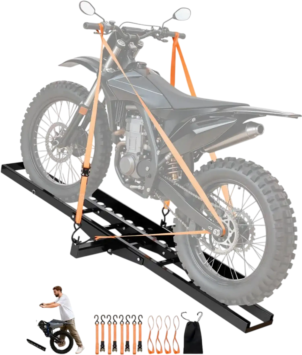 VEVOR Motorcycle Carrier, 500 lbs Capacity, Heavy Duty Steel Hitch Mount Rack with 47in Ramp, Ratchet Straps & Stabilizer, Scooter Dirt Bike Trailer Hauler for Car Truck with 2-Inch Hitch Receiver