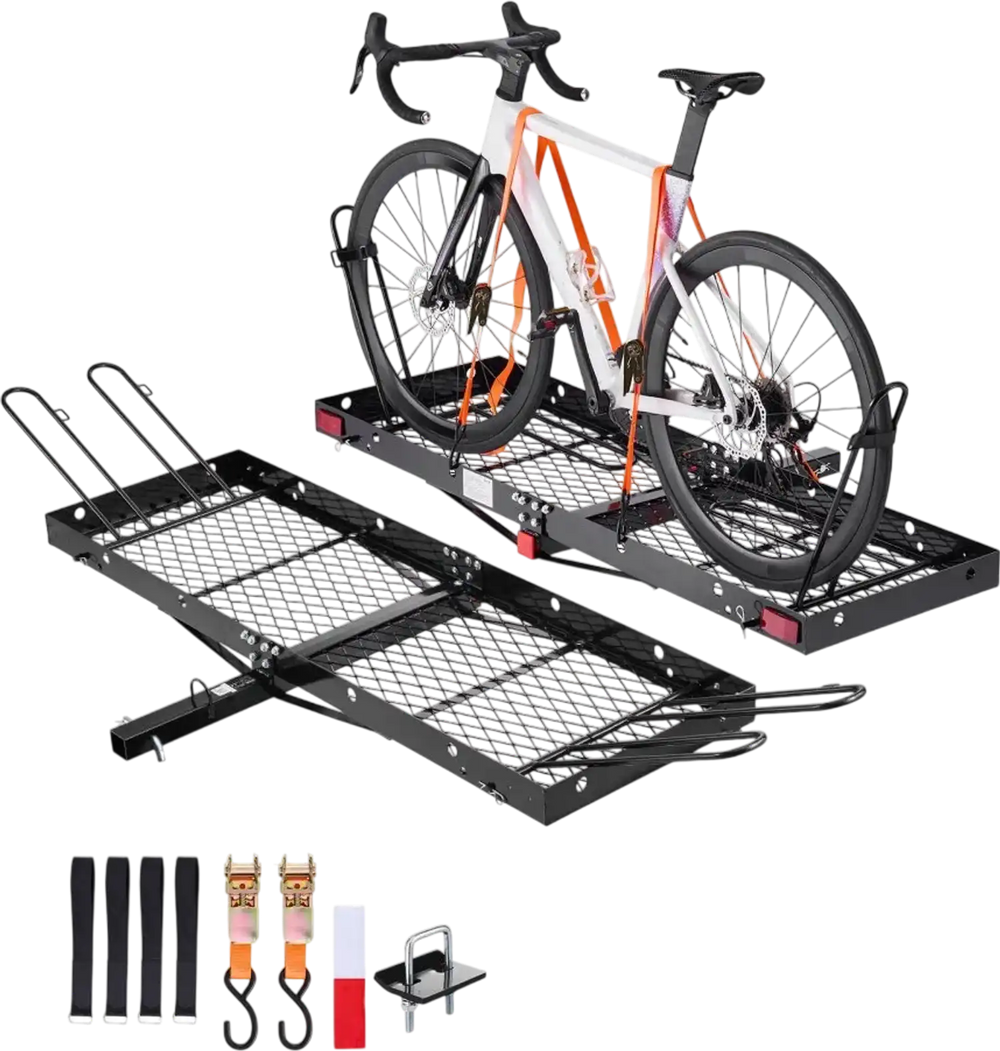 VEVOR Hitch Cargo Carrier with Bike Racks, 62" x 20" x 3" Hitch Mount Cargo Carrier for 2 Mountain Bikes, 500LBS Capacity High-Strength Steel Rear Luggage Basket Fits 2" Receiver for SUVs Pickups