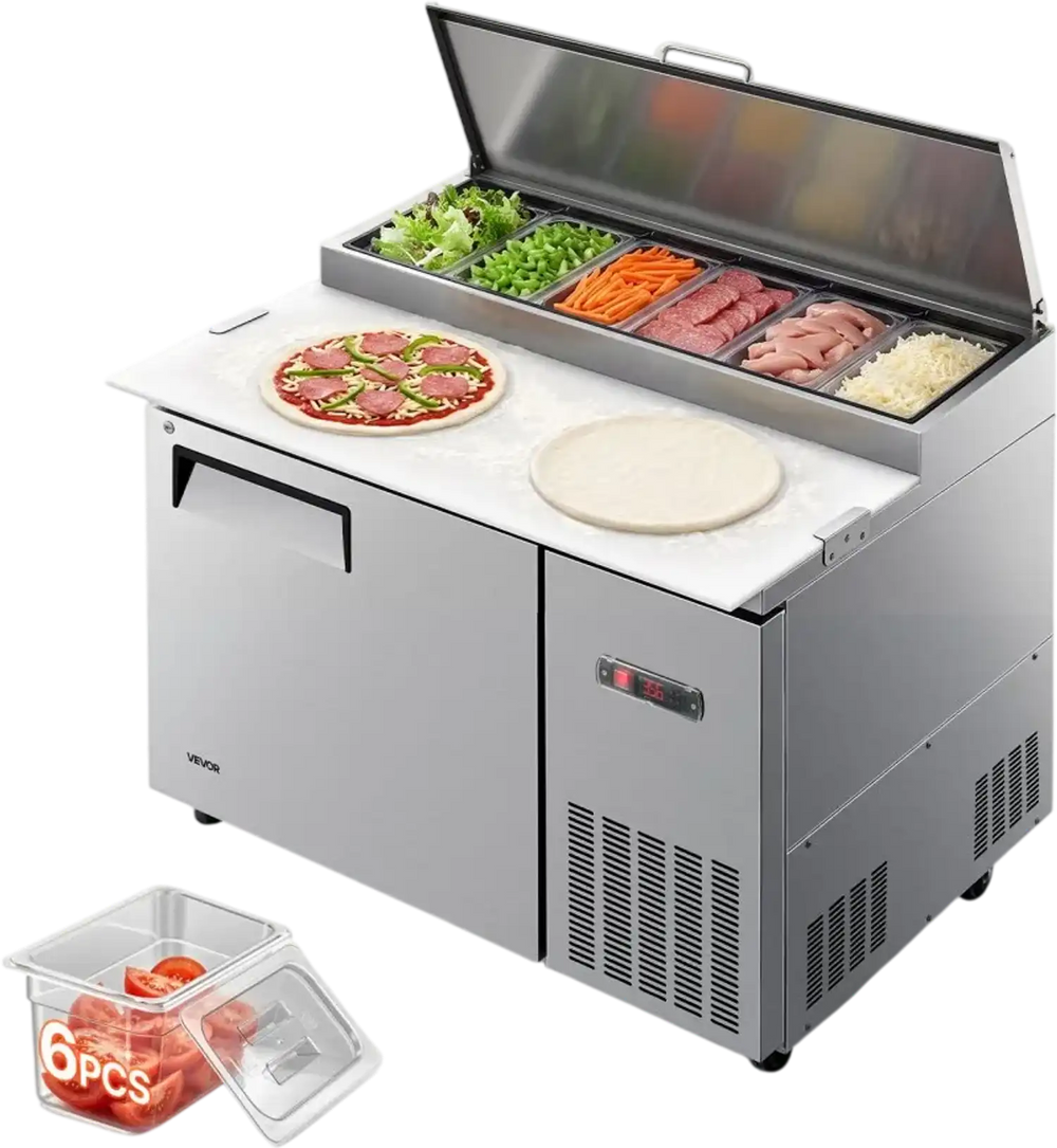 VEVOR 44"W Commercial Refrigerator 10.8 Cu. Ft Pizza Prep Table Fridge, 19" Ultra Wide Cutting Board Salad Refrigerated Worktop, Mega Top Stainless Steel Food Prep Cooler, 6 x 1/3 Pans with Lids