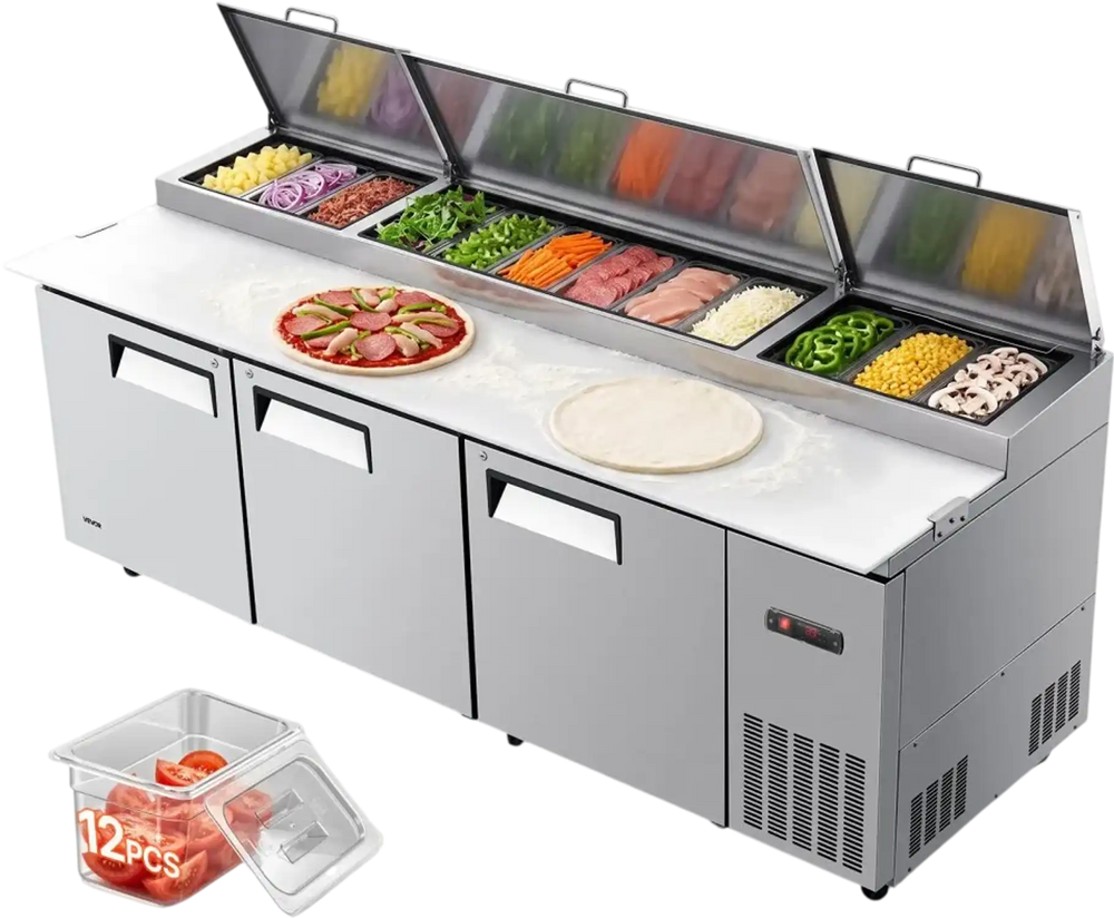 VEVOR 94"W Commercial Refrigerator 29.6 Cu. Ft Pizza Prep Table Fridge, 19" Ultra Wide Cutting Board Salad Refrigerated Worktop, Mega Top Stainless Steel Food Prep Cooler, 12 x 1/3 Pans with Lids