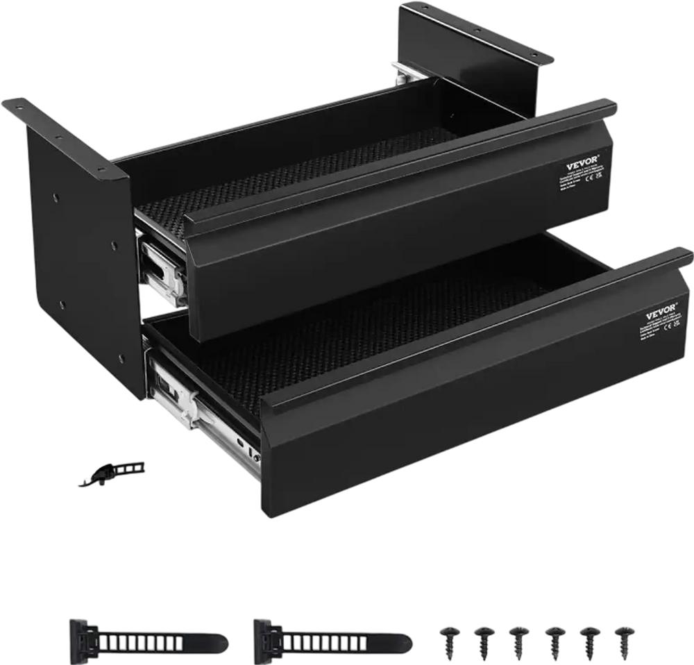 VEVOR 16" Wide Under Desk Drawer Slide Out, Under Desk Mounted Pull-out Drawer Attachment, Hidden Desktop 2 Layer Storage Organizer, Under Table Pencil Drawer for Home Sit Stand Workstation, 18x9x8 in