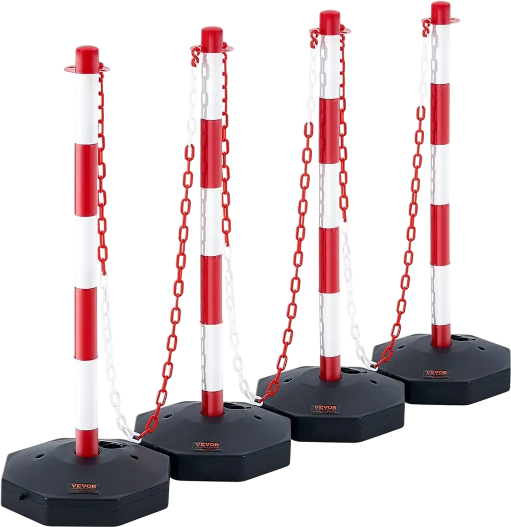 VEVOR Adjustable Traffic Delineator Post Cones, 4 Pack, Traffic Safety Delineator Barrier with Fillable Base 8FT Chain, for Traffic Control Warning Parking Lot Construction Caution Roads, Red & White