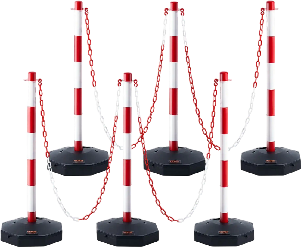 VEVOR Adjustable Traffic Delineator Post Cones, 6 Pack, Traffic Safety Delineator Barrier with Fillable Base 6.6FT Chain, for Traffic Control Warning Parking Lot Construction Caution Roads, Red&White