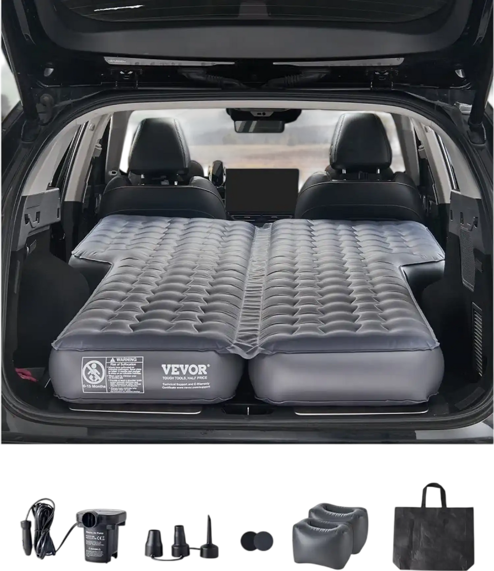 VEVOR Car Air Mattress, Inflatable Car Camping Mattress, Oxford Thickened Travel Beds, Comfortable and Durable Portable Sleeping Pad with Air Pump, Nozzle, Carry Bag, Fits Most SUV MPV Sedan, Gray