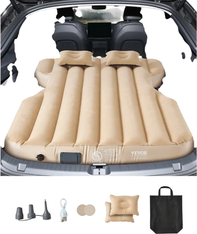 VEVOR Car Air Mattress, Fits Tesla Model Y (2020-2024), Inflatable Car Camping Mattress, Flocking Thickened Blow Up Travel Beds, Durable Portable Sleeping Pad with Built in Pump, 2 Pillows, Beige