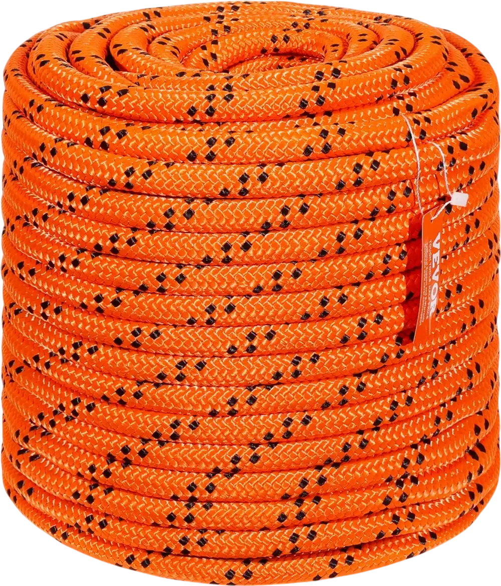 VEVOR Double Braided Polyester Rope, 3/4 in x 220 ft, 24 Strands, 12700 LBS Breaking Strength Outdoor Rope, Arborist Rigging Rope for Rock Hiking Camping Swing Rappelling Rescue, Orange/Black