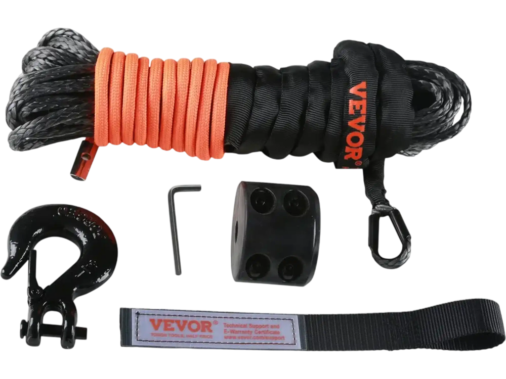 VEVOR Synthetic Winch Rope, 3/16 Inch x 50 Feet 8,350 lbs Synthetic Winch Line Cable Rope with Protective Sleeve + Stopper + Forged Winch Hook + Pull Strap, Universal Fit for ATV, UTV, Vehicle Towing