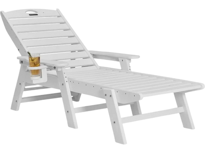 VEVOR Chaise Lounge Chair, 400 lbs Weight Capacity, 6 Positions Adjustable Patio Lounge Chair, Outdoor HDPE Lounge Chair with Backrest & Cup Holder, for Pool Poolside Deck Backyard Lawn, White