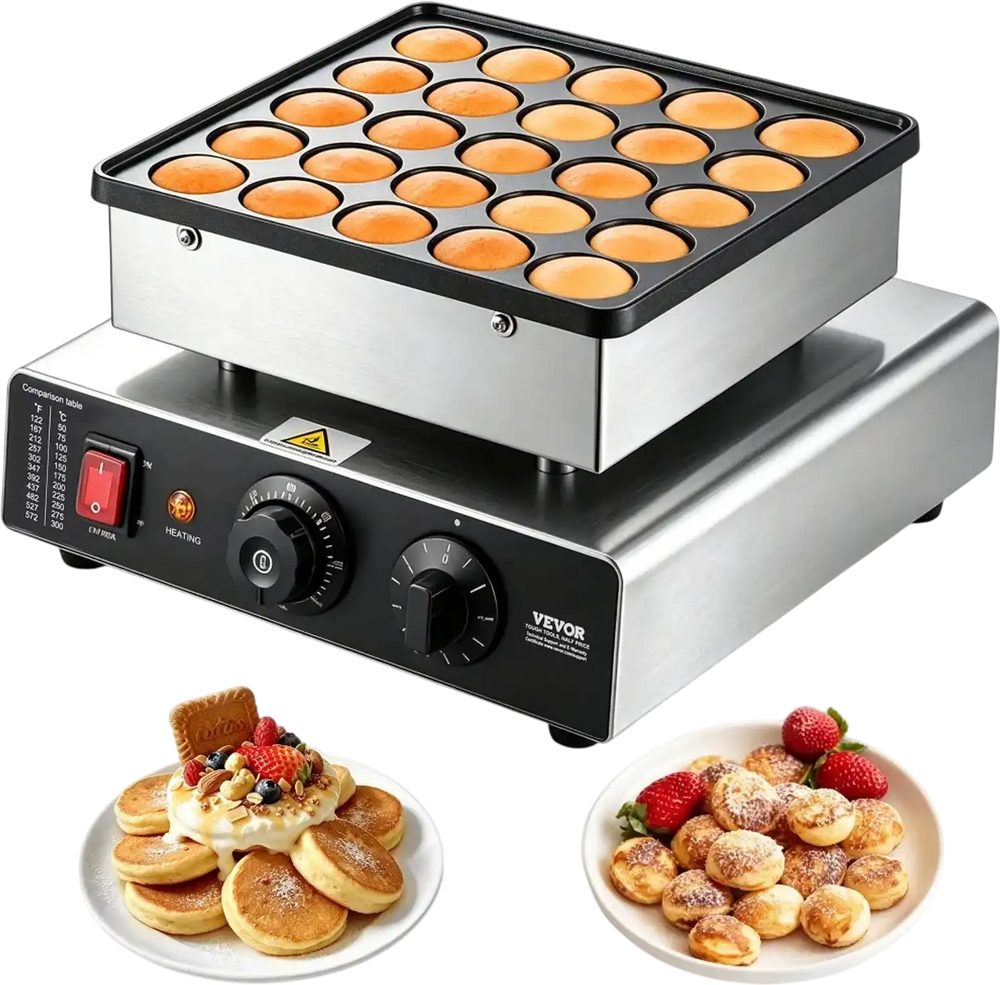 VEVOR Mini Pancake Maker, 25PCS 43mm Diameter Dutch Muffin Waffle Baker, Non-stick Stainless Steel Poffertjes Grill, Commercial Electric Dorayaki Machine, Temp & Time Control, Home Kitchen Restaurant