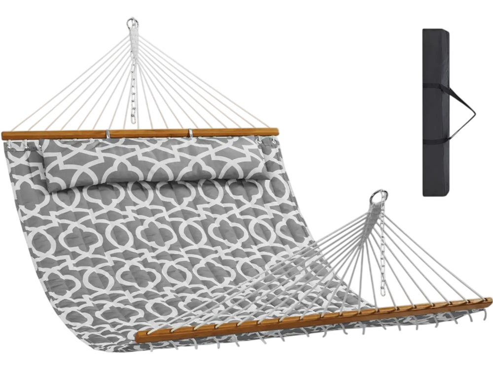 VEVOR Double Quilted Fabric Hammock, 12 FT Double Hammock with Hardwood Spreader Bars, 2 Person Quilted Hammock with Detachable Pillow and Chains for Camping Outdoor Patio Yard Beach, 480 lbs Capacity