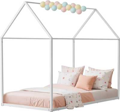 VEVOR Twin Size House Bed Frame, Metal Kids Floor Bed Frame with Roof, Heavy Duty Steel Slats Support, House Shape Bedframe for Girls and Boys, No Box Spring Needed, Easy Assembly, White