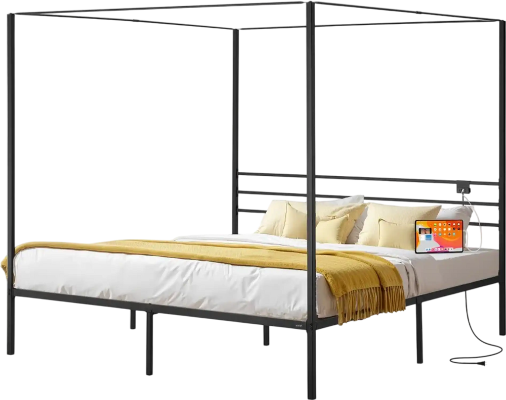VEVOR King Size Canopy Bed Frame, Metal Canopy Bed with Charging Station and Four Posters Design, Heavy Duty Steel Slats Support, Underbed Storage Space, No Box Spring Needed, Easy Assembly, Black