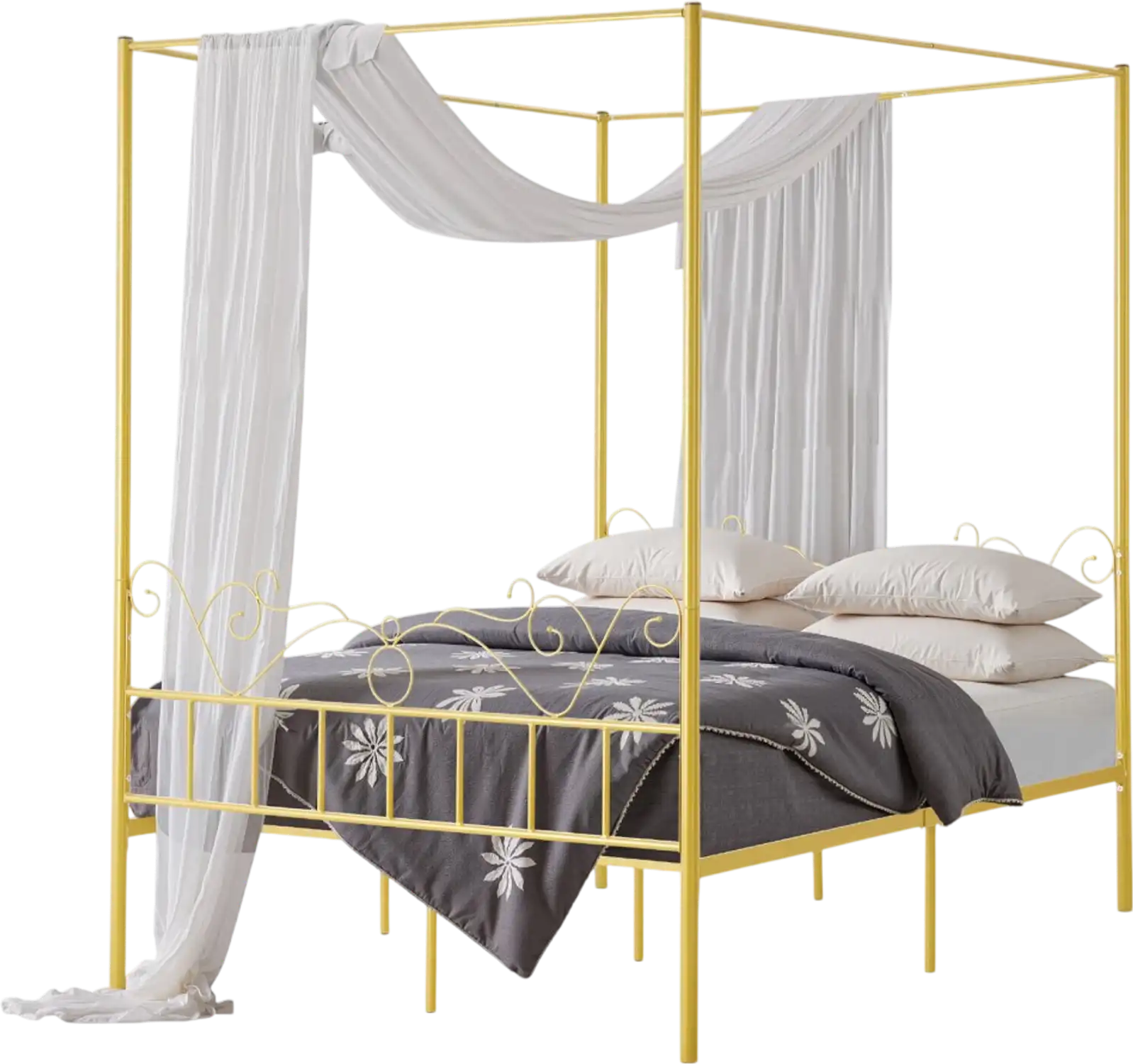 Vevor Canopy Bed Frame Queen Metal Canopy Bed with Minimalist Headboard & Four Posters Design Gold New