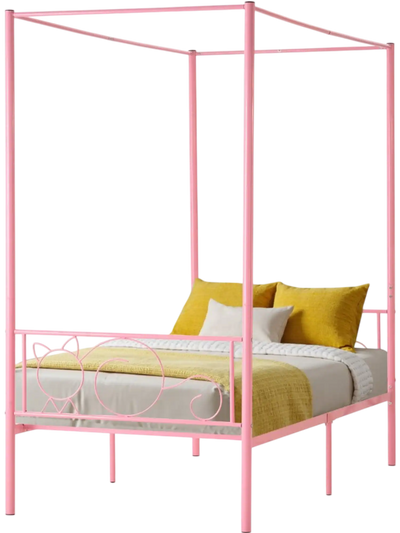 VEVOR Twin Size Canopy Bed Frame, Metal Canopy Bed with Minimalist Headboard & Four Posters Design, Heavy Duty Steel Slats Support, Underbed Storage Space, No Box Spring Needed, Easy Assembly, Pink