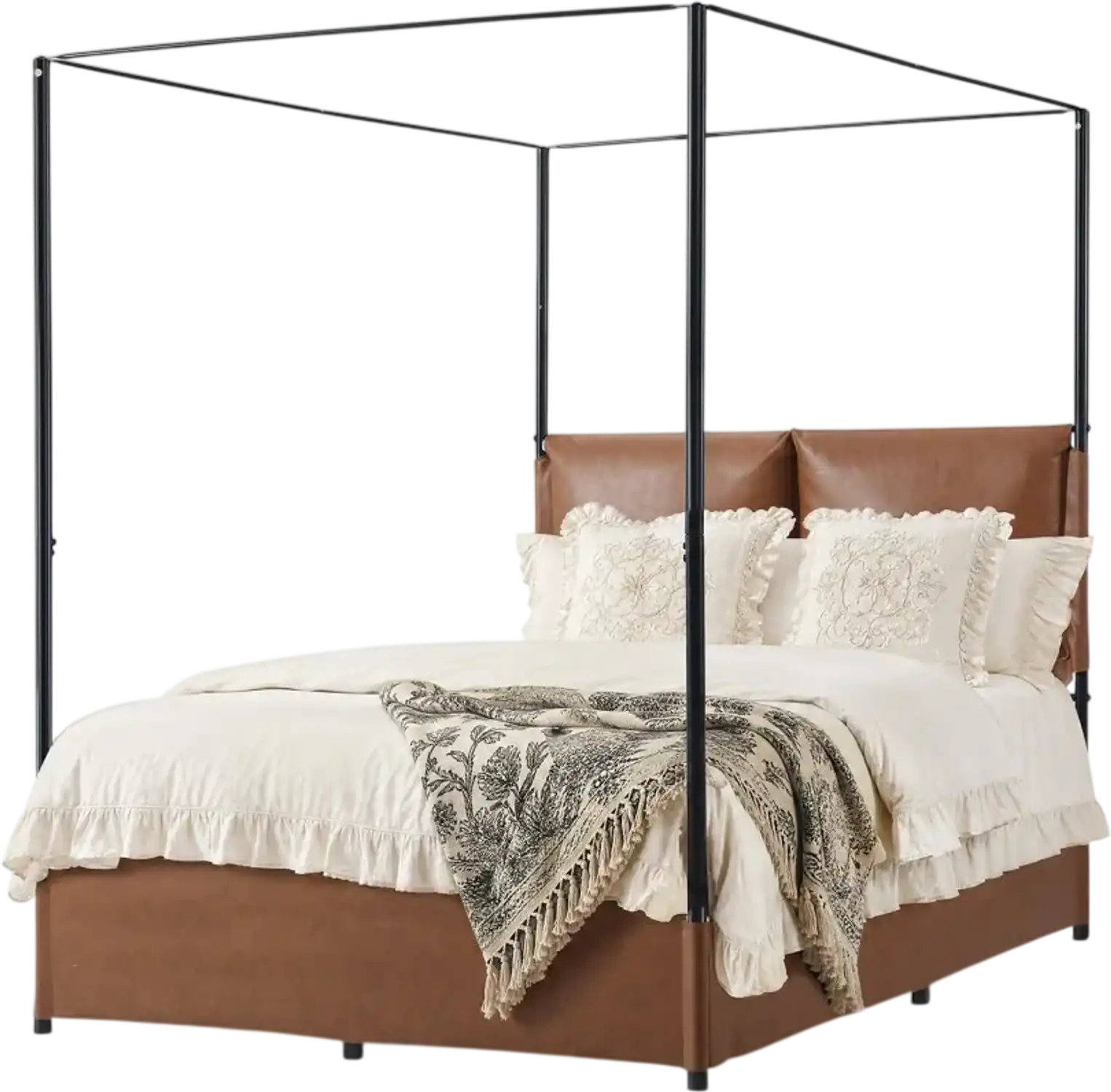 Vevor Canopy Bed Frame Full Size Metal Bed with Leather Headboard Brown New