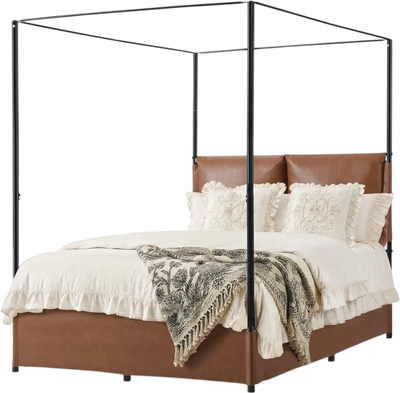 Vevor Canopy Bed Frame Full Size Metal Bed with Leather Headboard Brown New