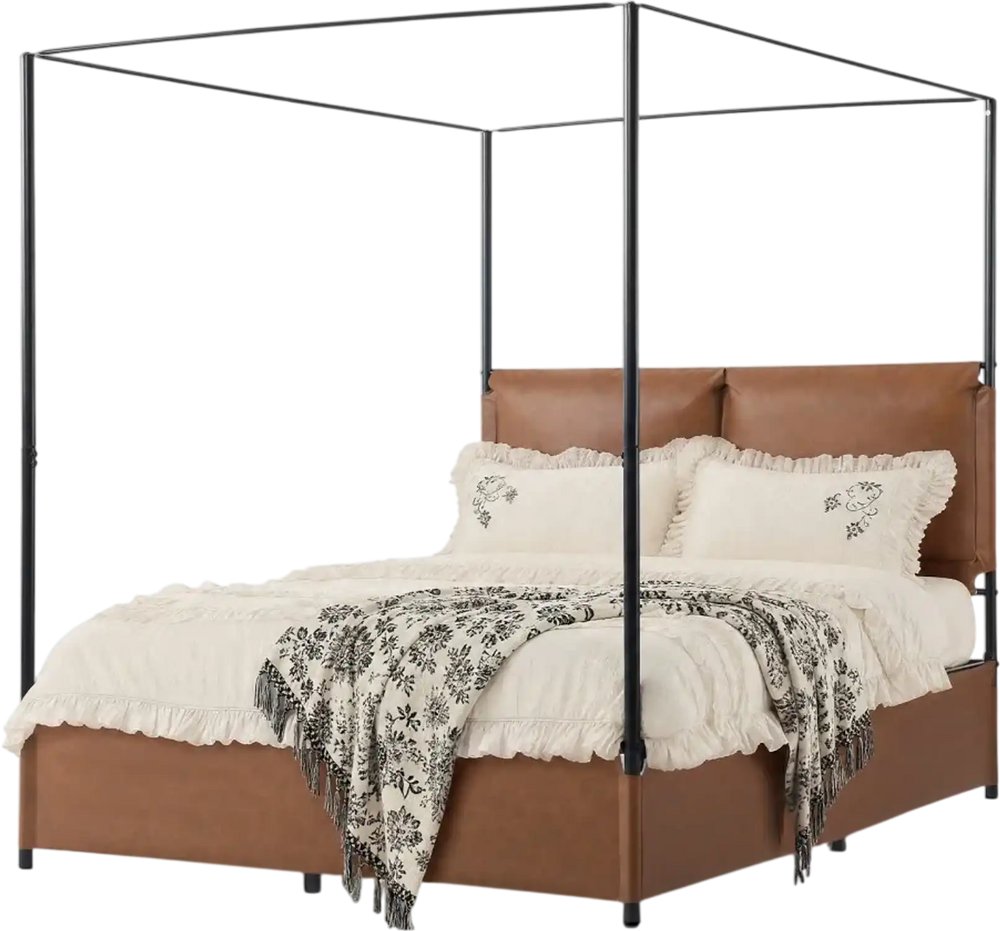 VEVOR Canopy Bed Frame Queen Size Metal Canopy Bed with Leather Headboard, For Bedroom, Four-Poster, with Heavy Duty Slats, Under-Bed Storage Space, Easy to Assemble, 800 lbs Stable Support, Brown