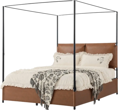 Vevor Canopy Bed Frame Queen Size Metal Bed with Leather Headboard Brown New