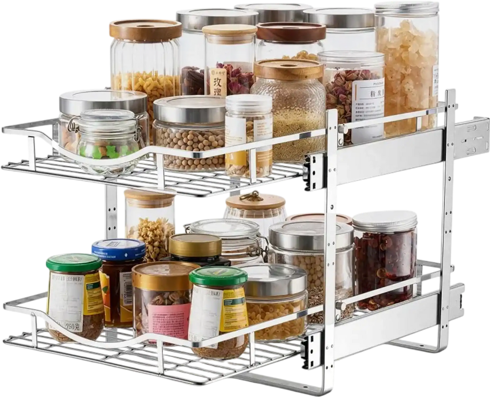 VEVOR 2 Tier Pull Out Cabinet Organizer 14.17"W x 21.06"D Slide Out Drawers, for Kitchen Bathroom Pantry Organization, Chrome-Plated Finish, Heavy Duty Steel Storage Sliding Shelves for Base Cabinets