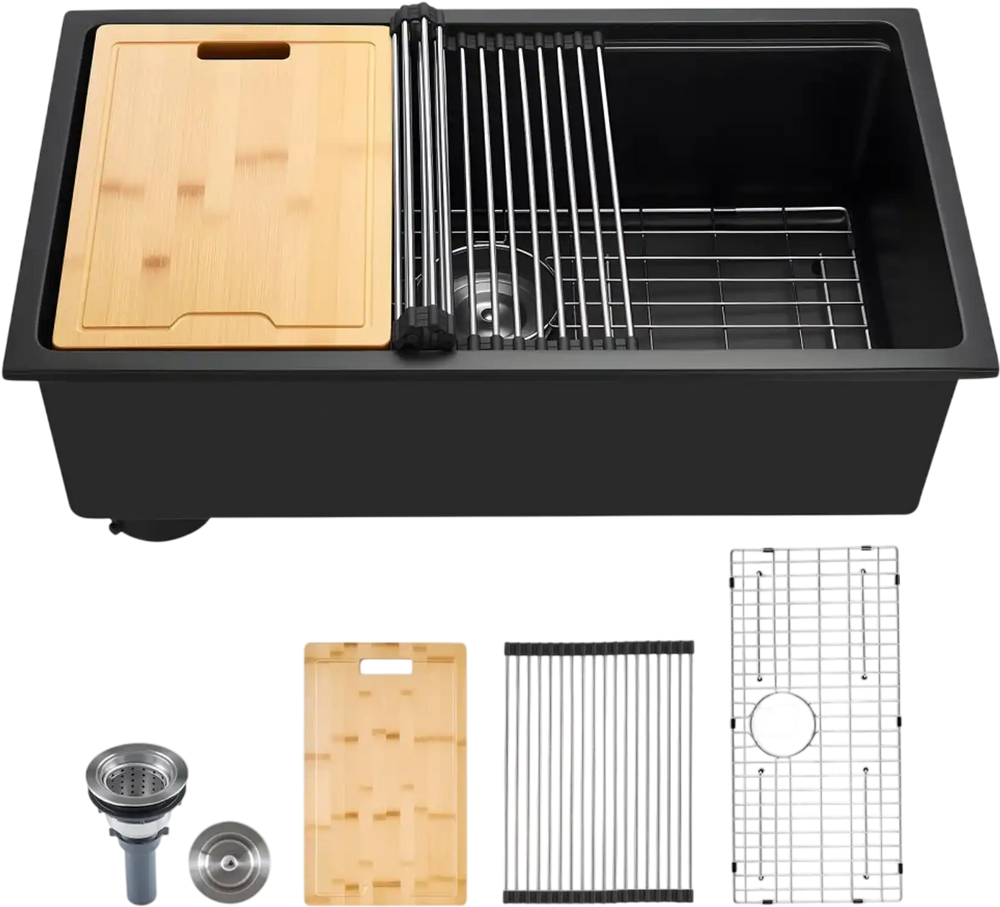 VEVOR 30 inch Kitchen Sink Workstation, Undermount Granite Sink, Drop-In Single Bowl Farmhouse Basin with Multiple Accessories, Household Dishwasher Sinks for RV, Prep Kitchen, and Bar (Black)