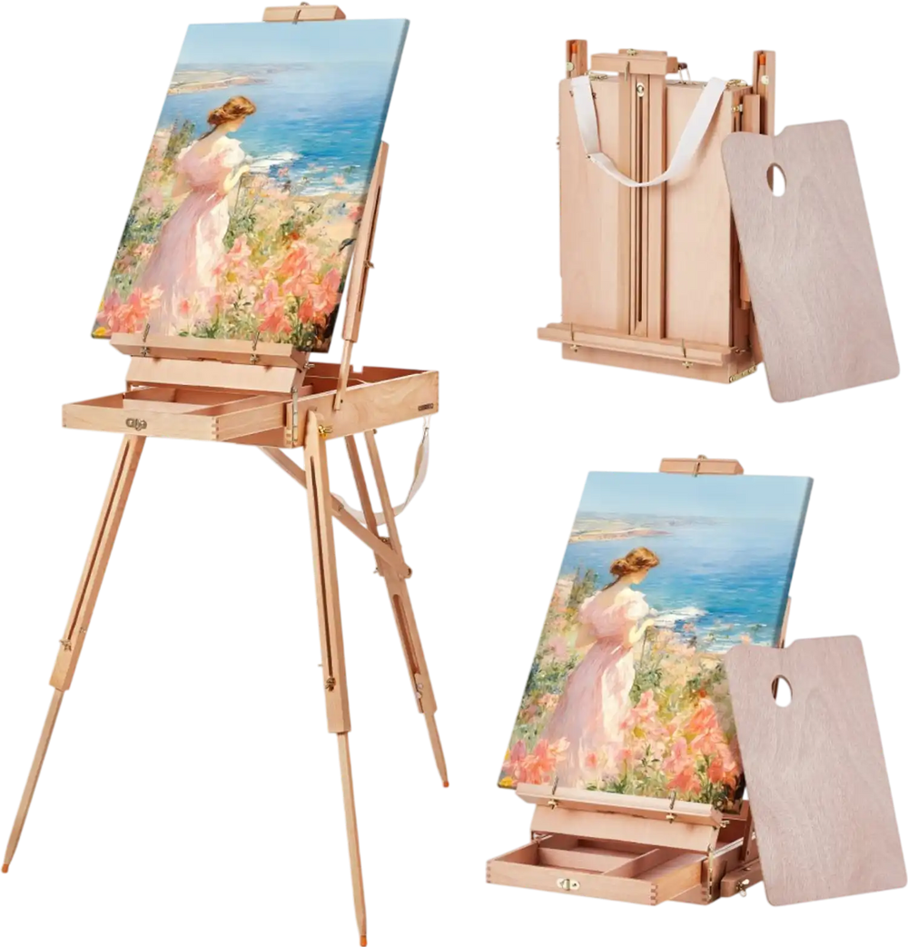 VEVOR French Easel, Hold Canvas to 34", Beechwood Foldable Sketchbox Easel with Drawer, Palette and Strap, Angle and Height Adjustable, Portable Wooden Art Painting Easel for Studio and Field