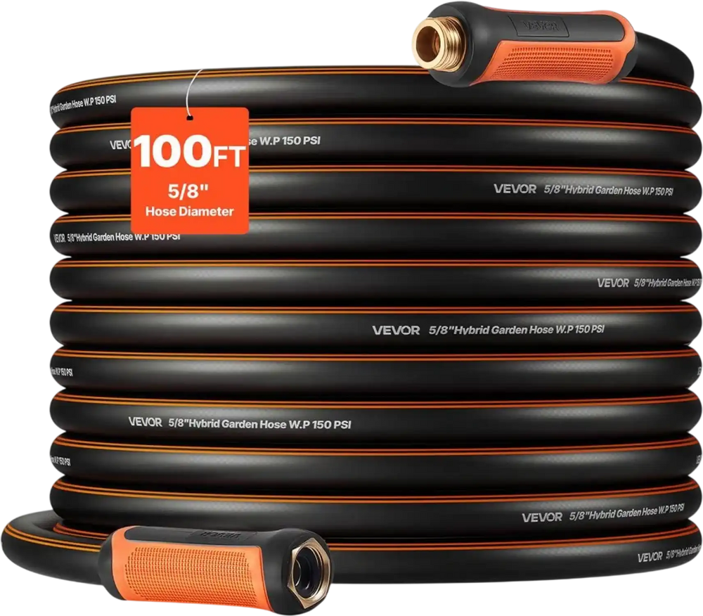 VEVOR Garden Hose, 100 ft 5/8" Heavy Duty 4-Layer Rubber Water Hose, 150PSI Working & 600PSI Burst, Flexible & Non-kink Outdoor Waterhose with 3/4" Fitting, Lightweight Hoses for Gardening Cleaning