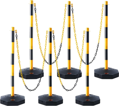 VEVOR Adjustable Traffic Delineator Post Cones, 6 Pack, Traffic Safety Delineator Barrier with Fillable Base 8FT Chain, for Traffic Control Warning Parking Lot Construction Caution Roads, Yellow&Black