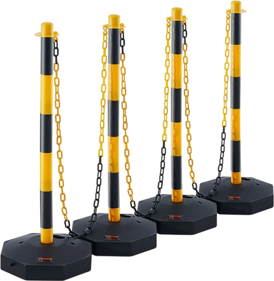 VEVOR Adjustable Traffic Delineator Post Cones, 4 Pack, Traffic Safety Delineator Barrier with Fillable Base 8FT Chain, for Traffic Control Warning Parking Lot Construction Caution Roads, Yellow&Black