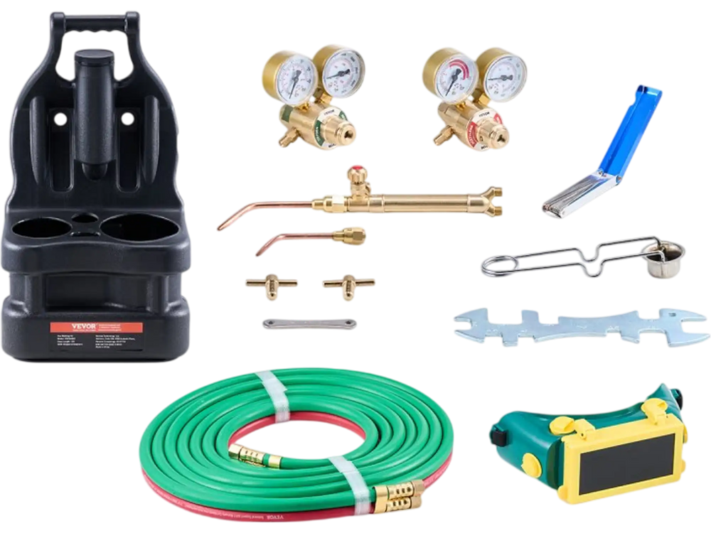 VEVOR Oxygen Acetylene Torch Kit, Gas Welding Torch Kit, 14PCS Portable Oxy Acetylene Brazing Set with 177'' Twin-Hose, 2 Welding Tips, Welding Torch, 2 Regulators, Cylinder Holder (without Cylinder)