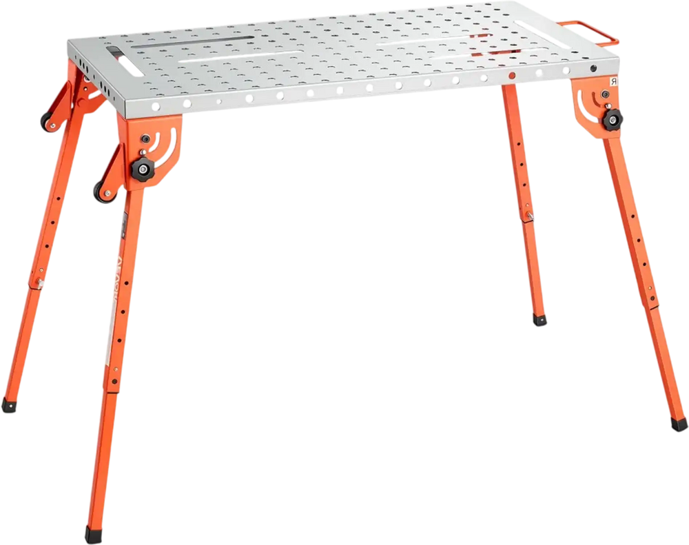VEVOR Foldable Welding Table, 44" x 21" Welding Workbench 500LBS Capacity, 4-Level Adjustable Height, Heavy-Duty Steel Work Table with 6 Tool Slots & 0.63" Fixture Holes for Welding Assembly Repair