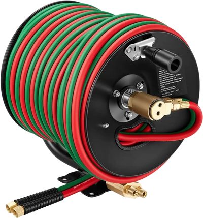 VEVOR Retractable Welding Hose Reel, Hand Crank Manual Rewind Hose Reel with 1/4 Inch x 100FT Twin Oxygen Acetylene Rubber Hose Max 300PSI - T Grade, Ceiling/Wall Mount Steel Reel for Workshop Garages