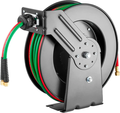 VEVOR Retractable Welding Hose Reel, 1/4-Inch x 50FT Twin Oxygen Acetylene Rubber Hose Max 300PSI - T Grade, Ceiling/Wall Mount Heavy Duty Steel Hose Reel Auto-Rewind, Ideal for Workshops Garages