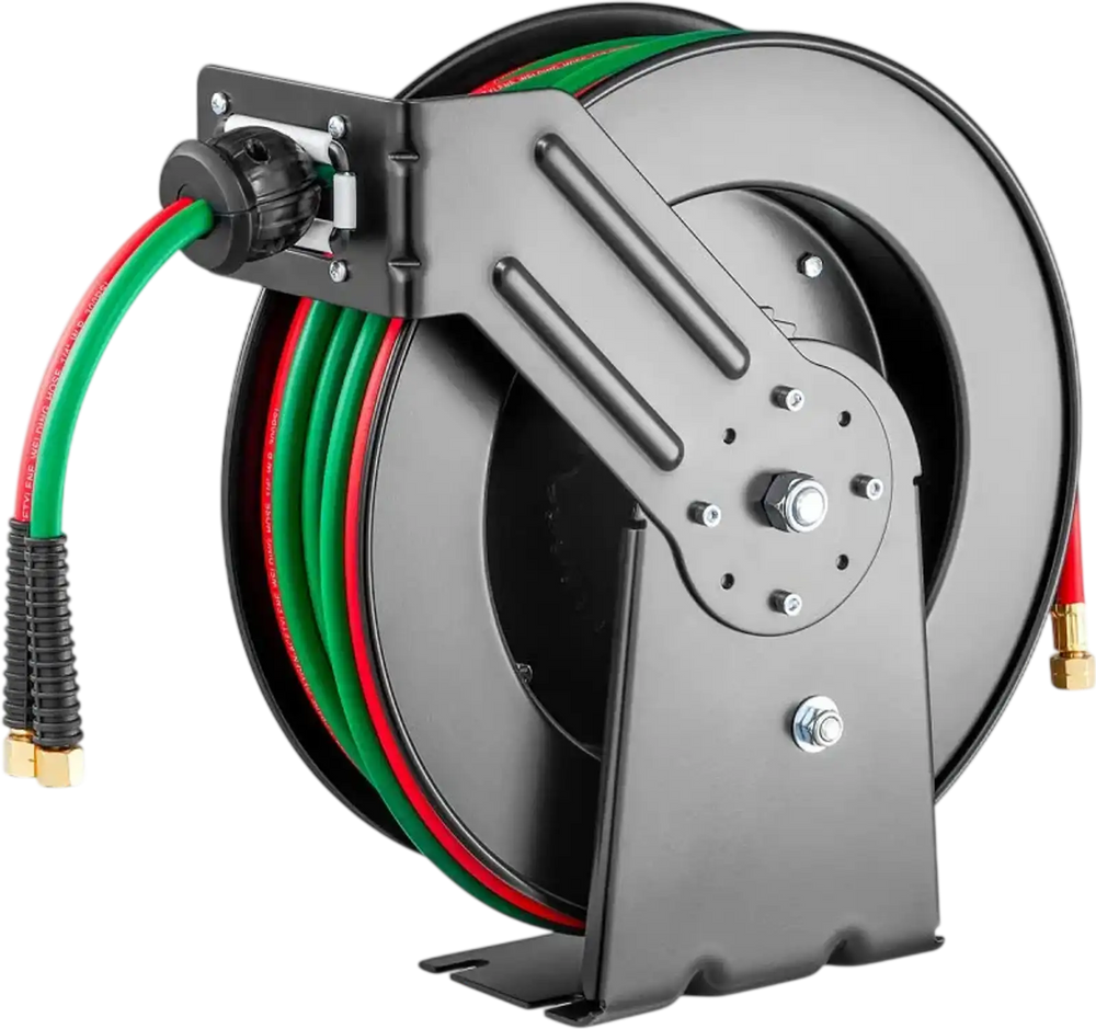 VEVOR Retractable Welding Hose Reel, 1/4-Inch x 50FT Twin Oxygen Acetylene Rubber Hose Max 300PSI - R Grade, Ceiling/Wall Mount Heavy Duty Steel Hose Reel Auto-Rewind, Ideal for Workshops Garages