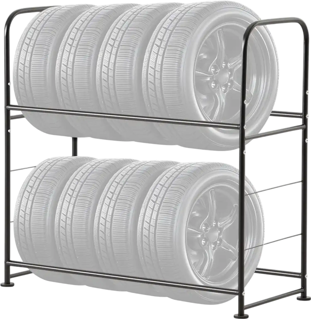 VEVOR Tire Storage Rack, 2-Shelf Tire Stand Holds up to 8 Standard Tires, Q195 Heavy-Duty Steel Tire Holder Carrier with Adjustable Height & Protective Cover for Garage Workshop, 396LBS Loading