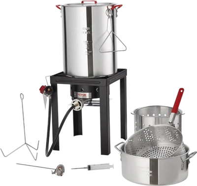 VEVOR Turkey Deep Fryer, 30-qt Turkey & 10-qt Fish Steamer Cooker Set, Outdoor Aluminum Seafood Frying Pot, 54,000 BTU Burner Propane Gas Boiler, Includes Baskets, Perforated Poultry Rack, Thermometer