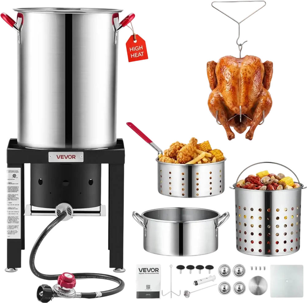 VEVOR 30 Qt. Turkey and 10 Qt. Fish Fryer Seafood Boiler Stainless Steel, Outdoor Cooker for Crawfish, Crab, Shrimp, Lobster, Complete Deep Steamer Kit with Basket, Stand, 54,000 BTU Propane Burner