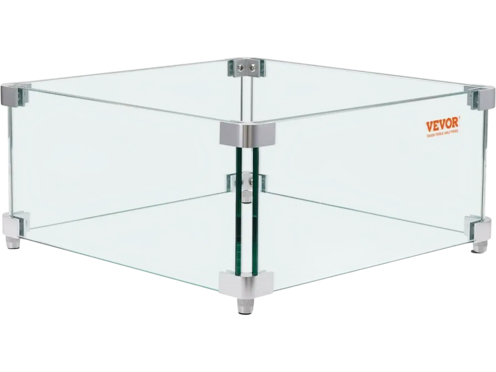 VEVOR Gas Fire Pit Wind Guard for Square Fire Table, 15 x 15 x 7 inch Clear Tempered Wind Guard for Firepits, 0.31 inch Thick Square Glass Shield, Glass Panel with Hard Corner Bracket & Feet