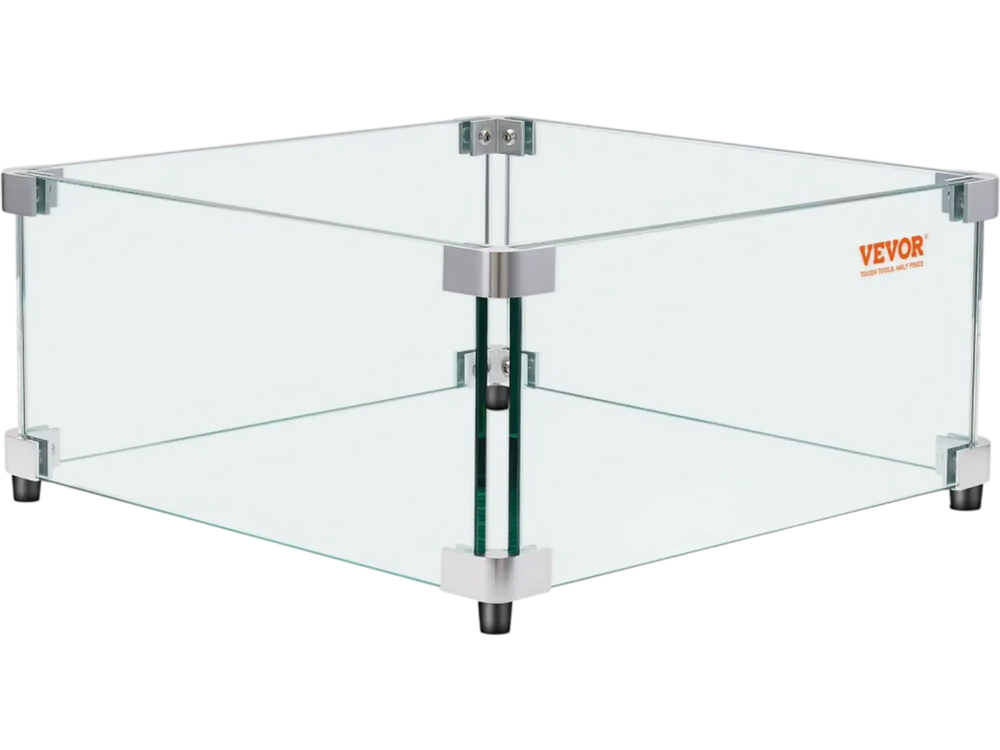 VEVOR Gas Fire Pit Wind Guard for Square Fire Table, 19 x 19 x 7.5 inch Clear Tempered Wind Guard for Firepits, 0.31 inch Thick Square Glass Shield, Glass Panel with Hard Corner Bracket & Feet
