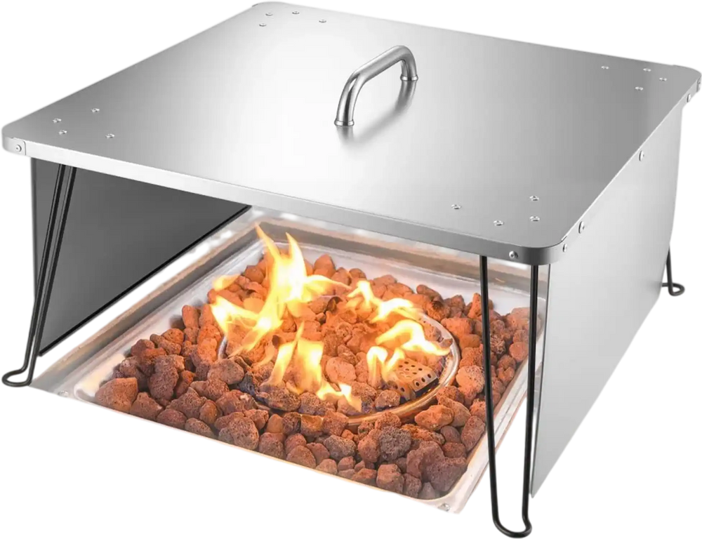 VEVOR Fire Pit Heat Deflector, 25.4x25.4x14.6 inch Square Outdoor Burner Cover, Stainless Steel Bonfire Camping Wood Burning, Push Heat Down and Out with 4 Foldable Legs & Carrying Handle