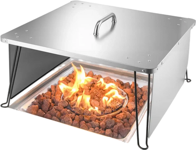 VEVOR Fire Pit Heat Deflector, 25.4x25.4x14.6 inch Square Outdoor Burner Cover, Stainless Steel Bonfire Camping Wood Burning, Push Heat Down and Out with 4 Foldable Legs & Carrying Handle