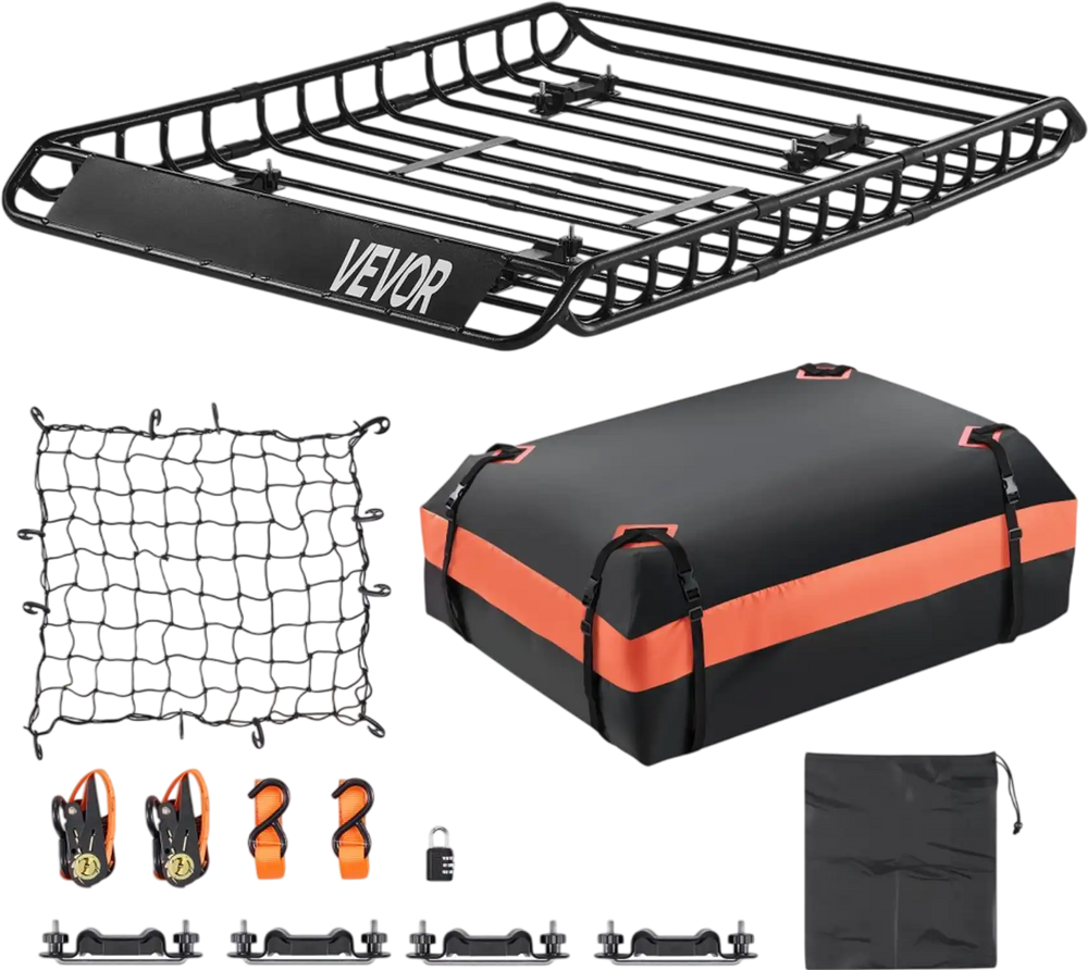 VEVOR Roof Rack Basket, 51 x 36 x 4.1 in, Universal Rooftop Cargo Carrier with 1120 x 870 x 260 mm Cargo Bag, Net, Ratchet Straps, 200 lbs Max Load Capacity Car Top Luggage Holder, for SUV Truck Car