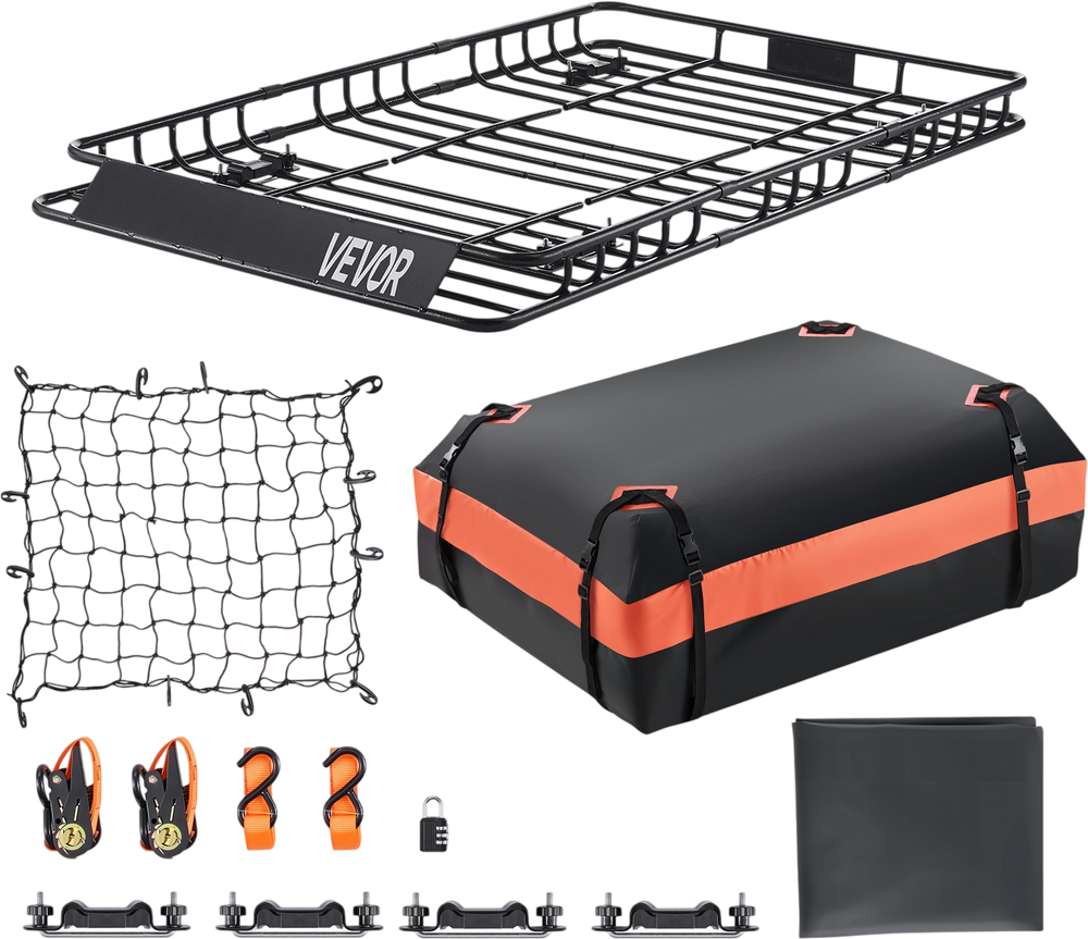VEVOR Roof Rack Basket, 64 x 39 x 4.1 in, Universal Rooftop Cargo Carrier with 44.1 x 34.3 x 10.2 in Cargo Bag, Net, Ratchet Straps, 250 lbs Max Load Capacity Car Top Luggage Holder, for SUV Truck Car