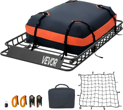 VEVOR Roof Rack Cargo Basket, 54 x 34 x 4 in, Heavy Duty Roof Top Carrier Basket with Waterproof Bag, Cargo Net, Ratchet Straps, 200 lbs Capacity, Universal Car Top Luggage Holder, for SUV Truck Car
