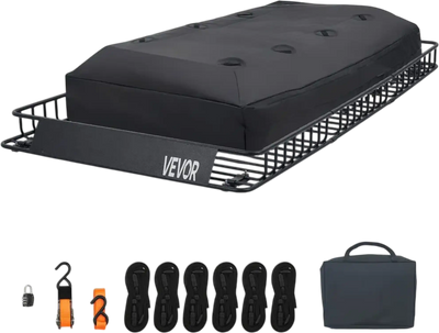 VEVOR Roof Rack Cargo Basket, 90 x 50 x 6 in, Heavy Duty Roof Top Carrier Basket with Waterproof Rooftop Bag, Ratchet Straps, 250 lbs Capacity, All-Weather Car Top Luggage Holder, for SUV Truck Car